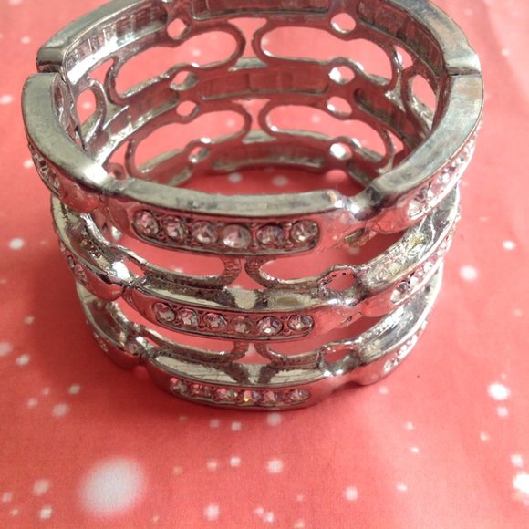 **Sale** Vintage Hinged Silver Tone 3 Row Rhinestone Cuff Bracelet - Picture 2 of 5